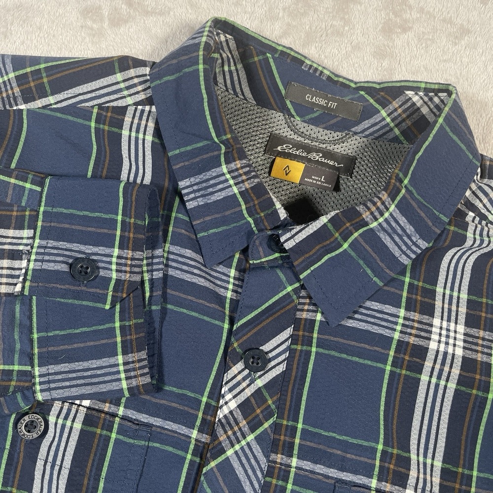 Eddie Bauer Travex Button Up Shirt Classic Fit Mens L‎ Blue Plaid Outdoors